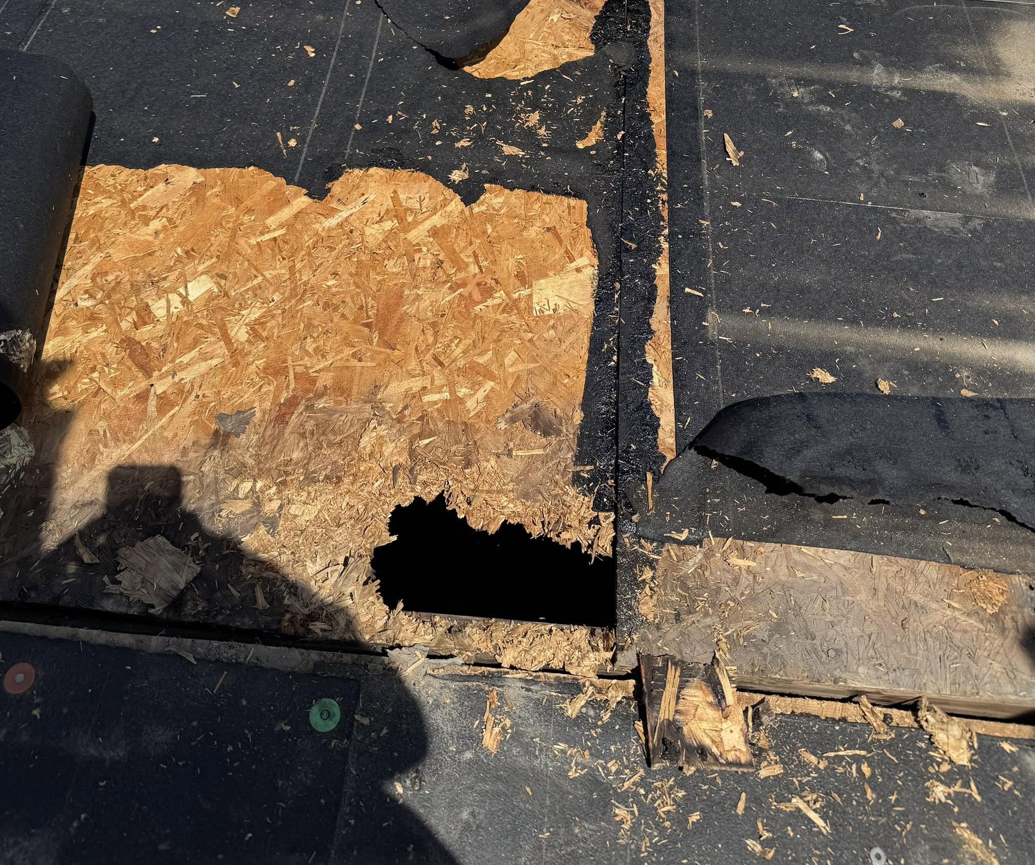 Rotted roof decking exposed during a tear-off, showing storm damage under torn shingles