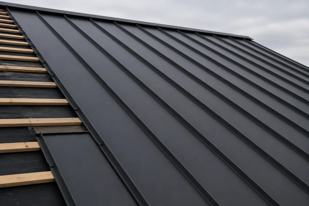 Close-up of new black standing-seam metal roof panels installed over battens