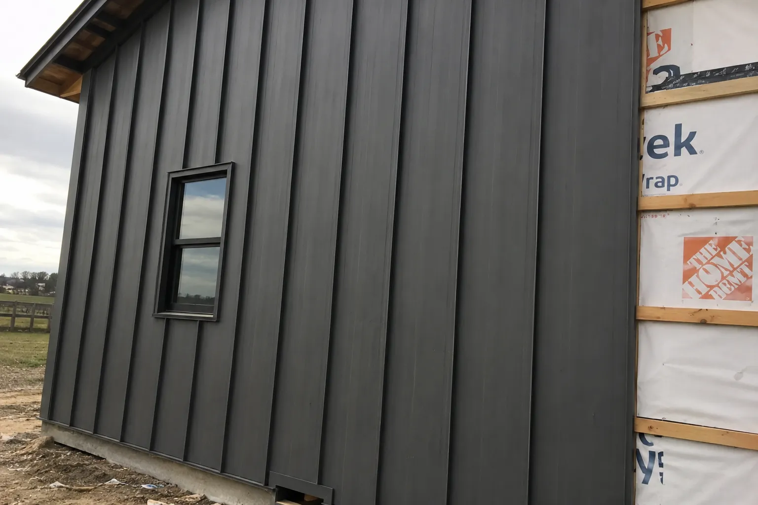 Dark vertical metal siding going up over house wrap during a siding installation