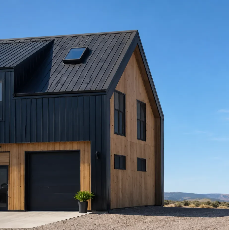 Dark board-and-batten home with a black standing-seam metal roof and cedar accent siding